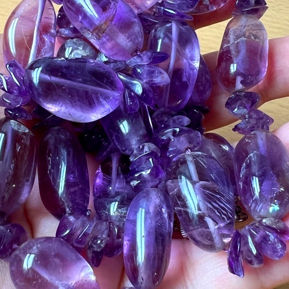 VINTAGE LARGE NATURAL AMETHYST BEADS LONG NECKLACE STATEMENT VERSATILE